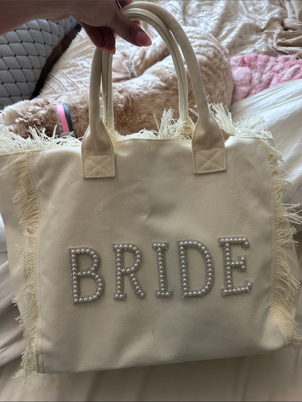 Cream 'BRIDE' Pearl-Embellished Canvas Tote